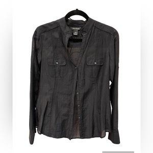 Beautiful black silk blend front button shirt. Size 6. 70% cotton, 30% silk.
